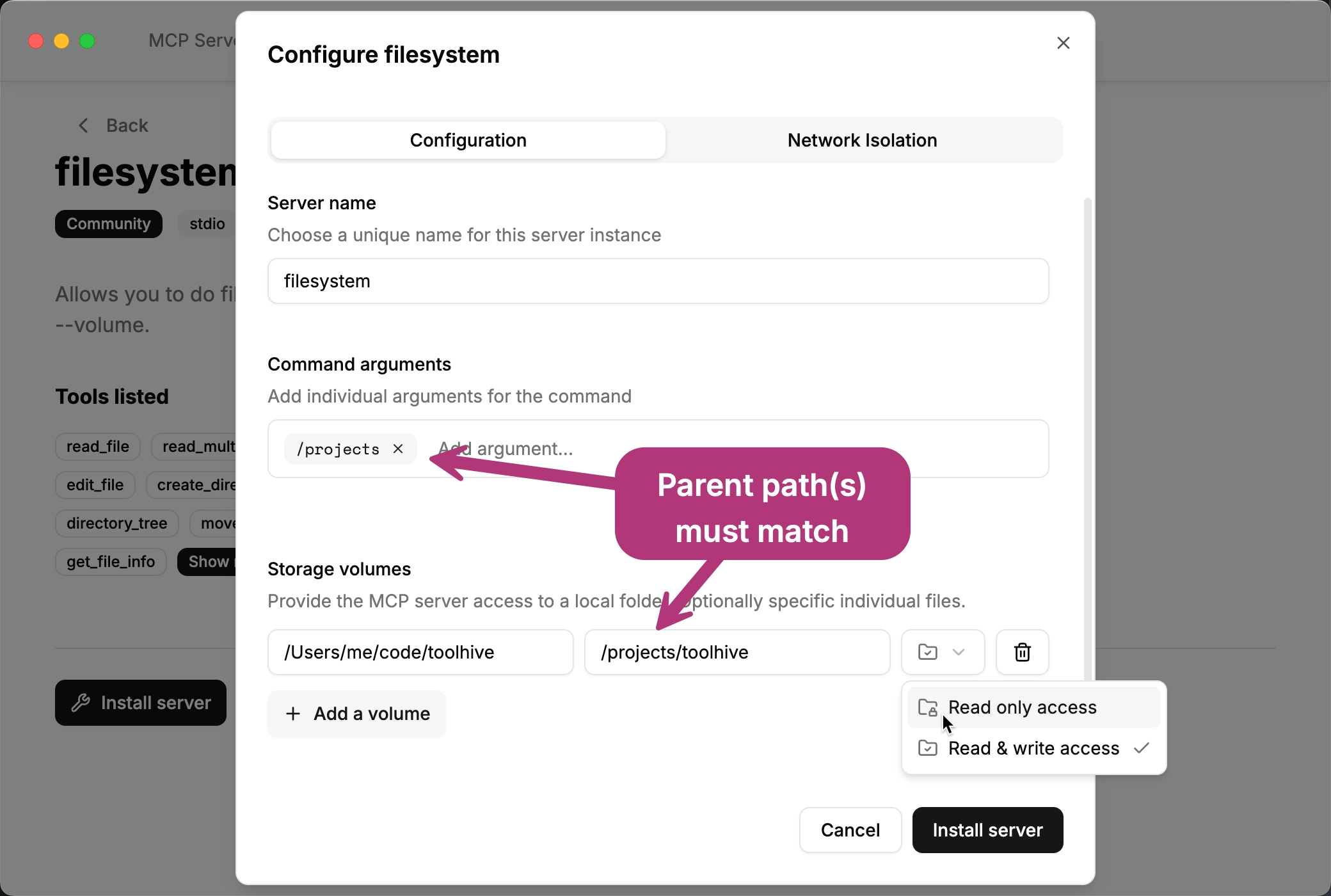 Filesystem MCP server UI